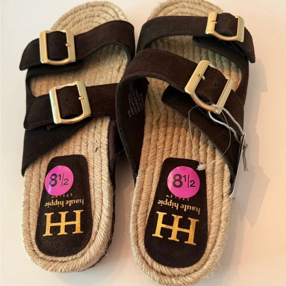 Haute Hippie Brown Suede Double Buckle Espadrille Slide Sandals New Women’s 8.5